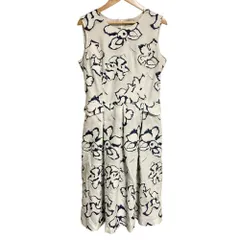 美品 NEMIKA by Leilian ネミカ フラワー刺繍 ノースリーブワンピース 9 オフホワイト ネイビー レディース 古着 中古 USED