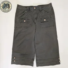 ​【綿100%】カーキ ワイド クロップドパンツ L ワークパンツ風 裾デザイン