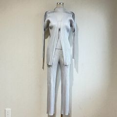 大きいサイズ 】 プリーツプリーズ セットアップ パンツ 白 長袖 