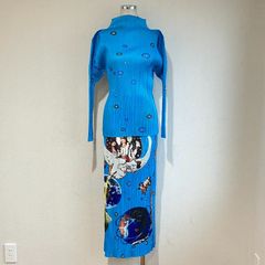極美品/激レア】98AW プリーツプリーズ 蓮 鯉 ロングワンピース 藍 3 