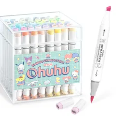 新品 Ohuhu イラストマーカー 筆・太字 48色 パステルカラー 薄色 サンリオ× Ohuhuコラボ サンリオキャラクターズ プロ愛用 マーカーペン アルコール系 ブレンダーペン1本付き Honolulu シリーズ