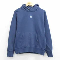 L/古着 アディダス adidas 長袖 スウェット パーカー メンズ ワンポイントロゴ リーフ トレフォイル 紺 26mar19