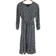 美品 組曲 クミキョク フラワープリント 長袖 Vネック ロング丈 ベルテッド ワンピース 2 ネイビー レディース 古着 中古 USED