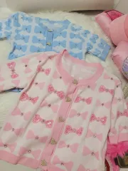 リボン 半袖 カーディガン ピンク/ブルー