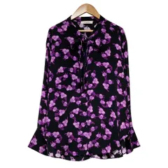 美品 DOROTHEE SCHUMACHER ドロシーシューマッハ リーフプリント シフォン ブラウス サイズ4 パープル ブラック レディース 古着 中古 USED