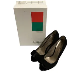 良品 銀座かねまつ スウェード リボン オープントゥ パンプス サイズ23.5cm ブラック レディース 古着 中古 USED