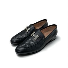 超美品》HERMES エルメス パリ ローファー Hロゴ シルバー金具 黒系 