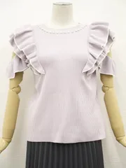 未使用品 オープンショルダー 半袖 クルーネック ニットカットソー S相当 ライトパープル   中古