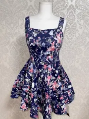 日本 ヴィンテージ フローラル 花柄 ネイビー ノースリーブ ONE PIECE