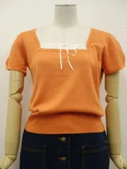 未使用品 パフスリーブ 半袖 スクエアネック ニットカットソー L オレンジ   メール便可 中古