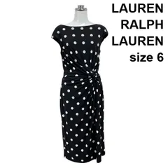 □ ローレンラルフローレン ワンピース ひざ丈 タイト フレンチスリーブ ジャージー素材 黒 白 水玉柄 6 L 11号 レディース S6D329