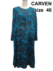 ◇ カルヴェン CARVEN ロングワンピース 長袖 ラウンドネック プリント 総柄 肩パッド付  青 黒 シルク 46 3L 15号 レディース Z6B391のサムネイル