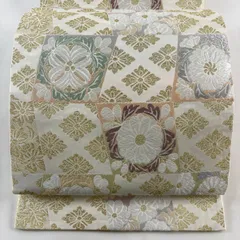 【在庫一掃】 袋帯 逸品 花菱 菊 唐織 金糸 クリーム 六通 正絹 【中古】