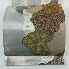 【在庫一掃】 袋帯 秀品 花鳥 道長取り 金糸 箔 銀色 六通 正絹 【中古】