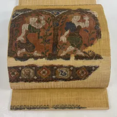 【在庫一掃】 【美品】 袋帯 名品 人物 草花 金糸 山吹茶色 お太鼓柄 正絹 【中古】