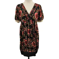 スナオクワハラ sunao kuwahara ワンピース Iライン ミニ タック ウール 花柄 マルチカラー 半袖 M 黒 赤 ブラック レッド