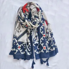 アラベスク柄 大判ストール ブルー×ホワイト 薄手 軽量 フォークロア モダン柄 上品 存在感 春 秋 ミドルシーズン UVカット 冷房対策 羽織りもの 肩掛け ひざ掛け ギフト 母の日 送料無料 即購入OK 最短当日〜翌日発送