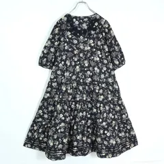 【美品】ピンクハウス★モチーフ&ホワイトローズpt♪ローンワンピース 黒系 前開き ふんわりフォルム♪z19518