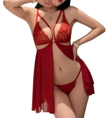 セクシーランジェリー ベビードール 赤 レース 透け感 大人可愛い 誘惑 ナイトウェア Tバック付き レディース ワインレッド