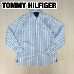 TOMMY HILFIGER トミーヒルフィガー 長袖BDシャツ L ライトブルー ホワイト ストライプ フラッグロゴ 実際サイズ(平置) 着丈80cm 肩幅48cm 身幅（脇下）58cm 袖丈67.5cm