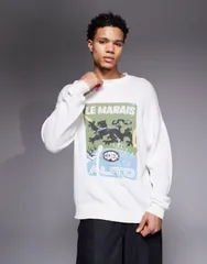 エイソス メンズ アウター ニット・セーター クルーネック プリント ASOS DESIGN oversized knit crew neck sweater with Le Marais printのサムネイル