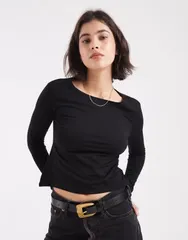 マンゴ レディース トップス Tシャツ Vネック Mango Teen vneck sculpt top Black ブラックのサムネイル