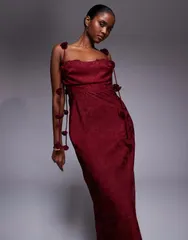 レア レディース トップス ワンピース サテン レース マキシ Rare London satin jacquard lace bust petal strap detailing maxi dress Burgundy バーガンディ