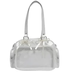 【数量限定】痛バッグ 小さめ 痛バ トートバッグ ショルダーバッグ リボン 蝶結び 2WAY 自立 可愛い ミニ 痛バ いたばっく いたば 推し活 オタ活 アニメ ぬいぐるみ ライブ シルバー レディース (ブラック1)