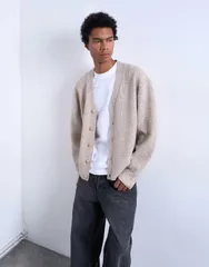 トップマン メンズ アウター ニット・セーター リラックスフィット カーディガン ニット Topman relaxed fit cable knit cardigan in stone STONE スのサムネイル