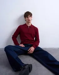 トップマン メンズ トップス ポロシャツ ニット Topman essential knit zip polo Burgundy バーガンディのサムネイル