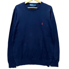 ポロラルフローレン ニット セーター ネイビー XL 刺繍ロゴ 赤ポニー クルーネック 紺 100%コットン 大きいサイズ 古着 POLO RALPH LAUREN ゆるだぼ 春物 長袖 メンズ / MS523