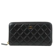 【超美品】CHANEL シャネル 21番台 ラムスキン マトラッセ ココマーク ジッピーウォレット 長財布 ブラック 小物【UK100】