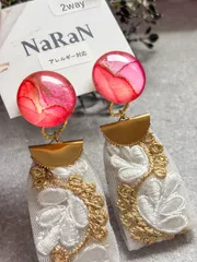 759≫アルコールインクアート【nara】2wayインド刺繍リボンタッセルピアス