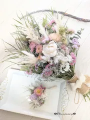 ✿春の優しい淡色ブーケ✿ドライフラワーブーケ✿前撮り✴ウェディングフォト✴結婚式✴ウェディングブーケ✿ブートニア付き✿