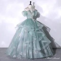 新品 未使用 カラードレス 編み上げ グリーン 半袖 フリル ロングドレス 結婚式 二次会 発表会 演奏会 ウェディングドレス ウエディングドレス 花嫁 前撮り プリンセスドレス イブニングドレス コンサート パーティードレス