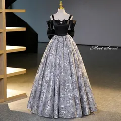 新品 未使用 カラードレス 編み上げ グレー 花柄 長袖 黒 ロングドレス 結婚式 二次会 発表会 演奏会 ウェディングドレス ウエディングドレス 花嫁 前撮り プリンセスドレス イブニングドレス コンサート パーティードレス ブライダル 披露宴 舞台演