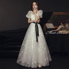 新品 未使用 ウェディングドレス ウエディングドレス カラードレス パフスリーブ 20代 30代 40代 演奏会ドレス ホワイト 演奏会 声楽衣装 発表会ドレス 袖あり ロングドレス フォーマル コンクール 大きいサイズ 結婚式 二次会 パーティードレス