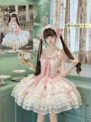 新品 未使用 甘ロリータ ジャンパースカート 大きいリボン 髪飾り追加可 フリル 無地 優雅 半袖 膝丈 レース レディース 人形みたい エレガントロリ プリンセス風 お姫様ドレス 個性的 可愛い コスプレ ハロウィン 文化祭 学園祭