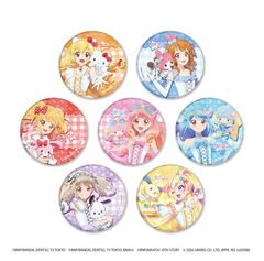 홀로그램 캔 배지 (65mm) [아이카츠! 시리즈 × 산리오 캐릭터즈] 01 / 등신 일러스트 전 7 종 컴플리트 BOX 세트 신품 미개봉품