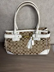 (o) COACH コーチ シグネチャー ロゴ柄 トートバッグ 肩掛け レディース キャンバス×レザー ホワイト 白 /2203