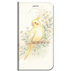 iPhone対応 スマホ 手帳型ケース オカメインコ カモミール 水彩 ペールアイボリー セージグリーン 鳥 インコ 大人可愛い 癒やし 鳥柄 スマホケース スタンド 【iPhone17 / iPhone16 他 iPhone各機種対応】 |ianuan05