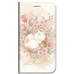iPhone対応 スマホ 手帳型ケース まどろみ猫 春桜 ラテベージュ ダスティピンク 猫 水彩 花柄 チューリップ くすみカラー 癒やし 肉球 スマホケース スタンド 【iPhone17 / iPhone16 他 iPhone各機種対応】 |ianuan01