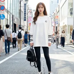 新作 長袖Tシャツ レディース ロングtシャツ 綿 長袖 春服 秋服 ゆったり ビッグシルエット ロンT トップス カットソー 笑顔 刺繍 ロングTシャツ 可愛い 韓国ファッション カジュアル 体型カバー