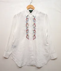 LAUREN RALPH LAUREN (M) 麻100 リネン100 刺繍シャツ ブラウス ラルフローレン K4-43
