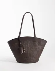 マンゴ レディース バッグ レザー フェイクレザー Mango woven shoulder bag with faux leather trim BROWN ブラウンのサムネイル
