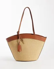 マンゴ レディース バッグ レザー フェイクレザー Mango woven shoulder bag with faux leather trim BEIGE ベージュのサムネイル