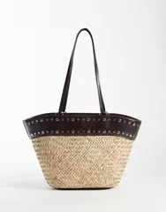 マンゴ レディース バッグ レザー フェイクレザー Mango woven shoulder bag with faux leather studded trimulti マルチカラーのサムネイル