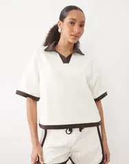 エイソス レディース トップス Tシャツ ポロシャツ ASOS DESIGN interlock oversized polo top in ecru and chocolate part of a set CREAM CHOC クリーム