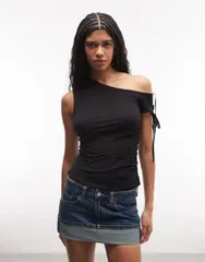 モンキ レディース トップス Tシャツ ギャザー Monki off the shoulderuched top Black solid ブラックのサムネイル