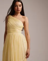 レース アンド ビーズ レディース トップス ワンピース チュール マキシ Lace Beads Bridesmaid tulle one shoulder maxi dress in lemon yellow イエロー